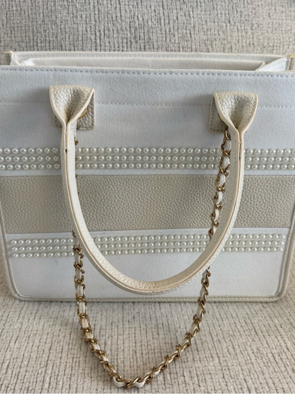 Abbott Lyon Pearl-Embellished Cream Tote with Gold Chain Strap